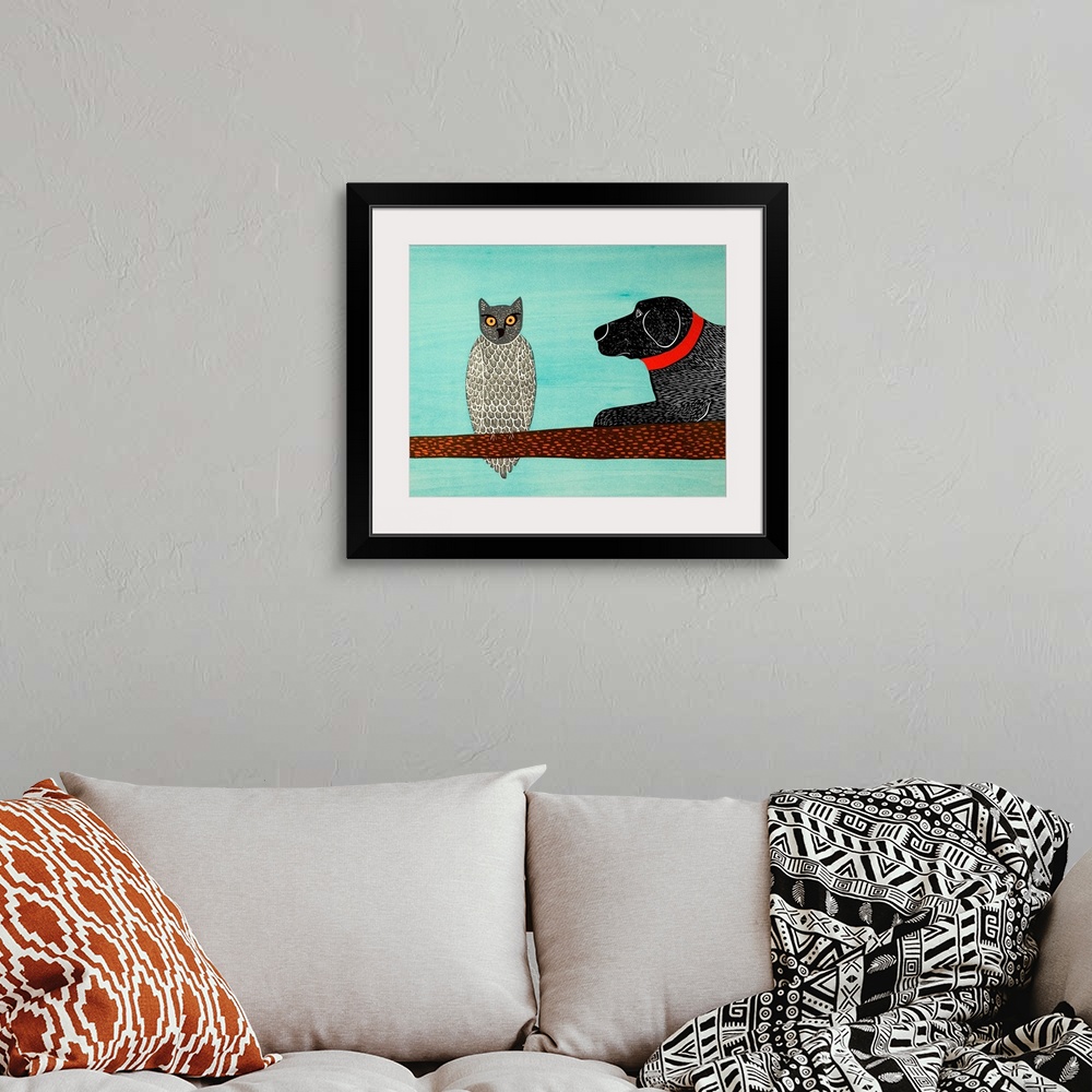 A bohemian room featuring Illustration of a black lab laying on a tree branch next to an owl.