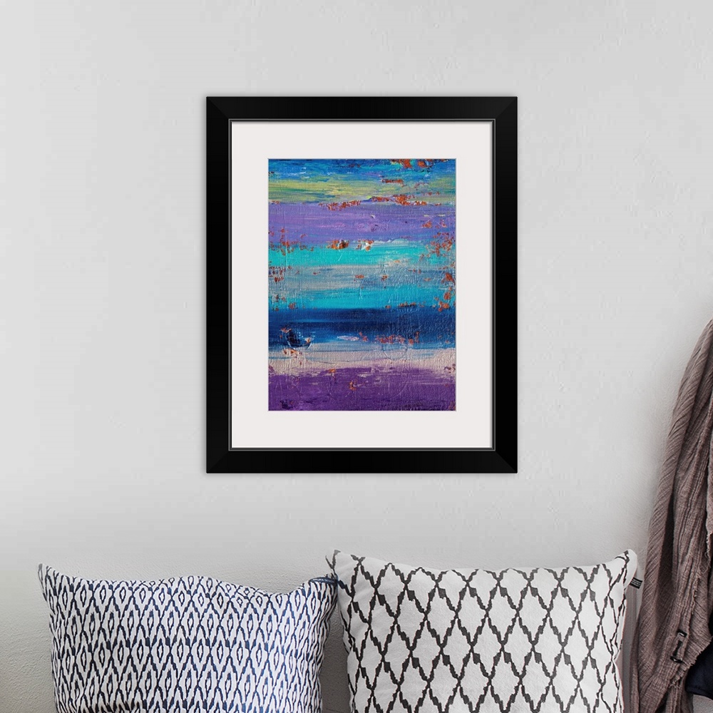 A bohemian room featuring Contemporary abstract painting in purple and blue.