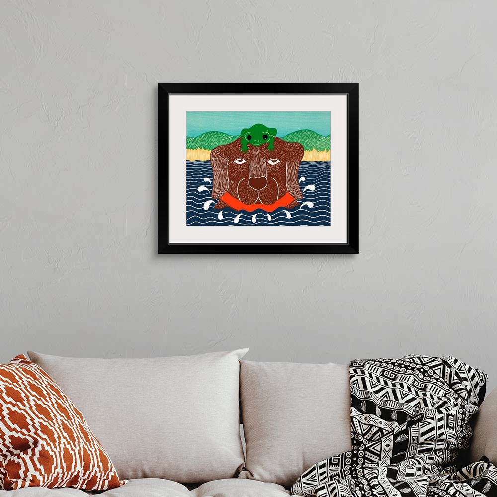 A bohemian room featuring Illustration of a chocolate lab in the water with a green frog on its head.