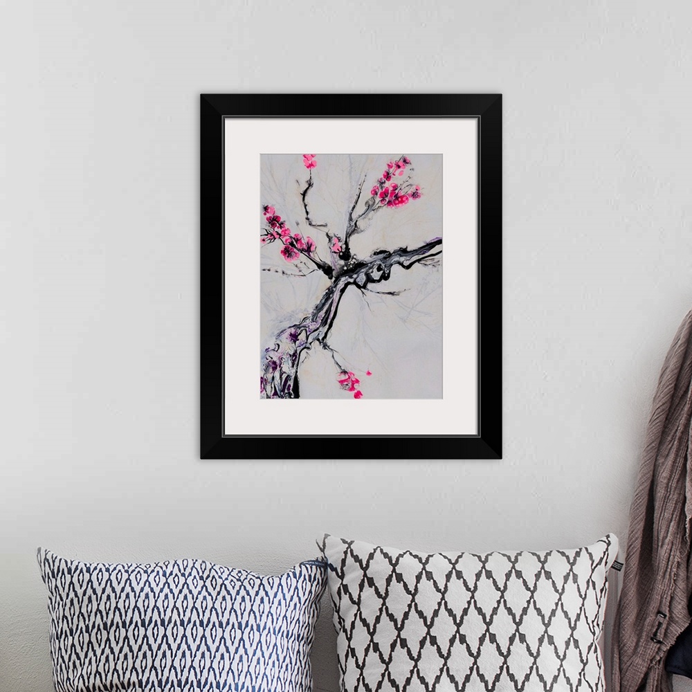A bohemian room featuring Close-up of a tree branch in pouring technique, accentuated by thin black brushstrokes and airy p...