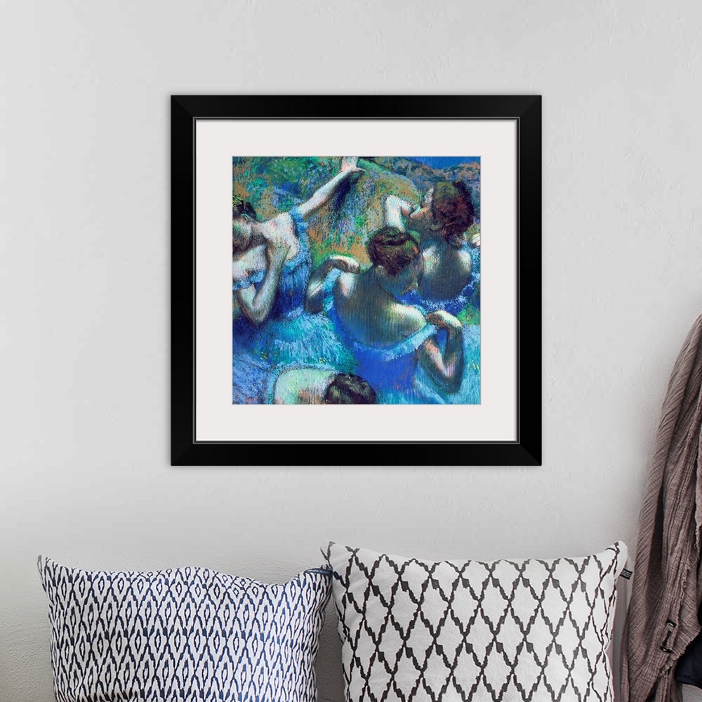 A bohemian room featuring A pastel drawing reproduced on large wall art, this artwork of ballet dancers was created by an I...