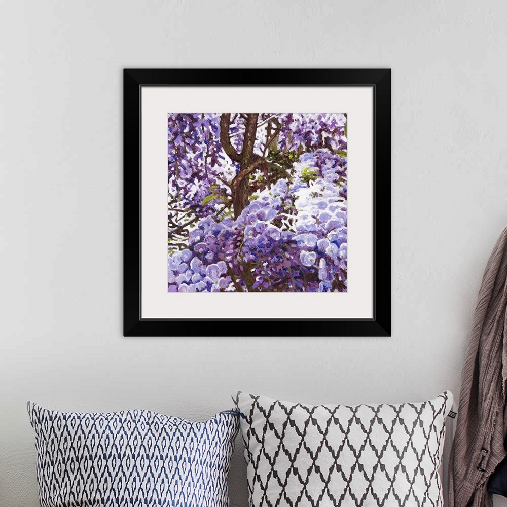 A bohemian room featuring Contemporary painting of a flowering blue wisteria tree.