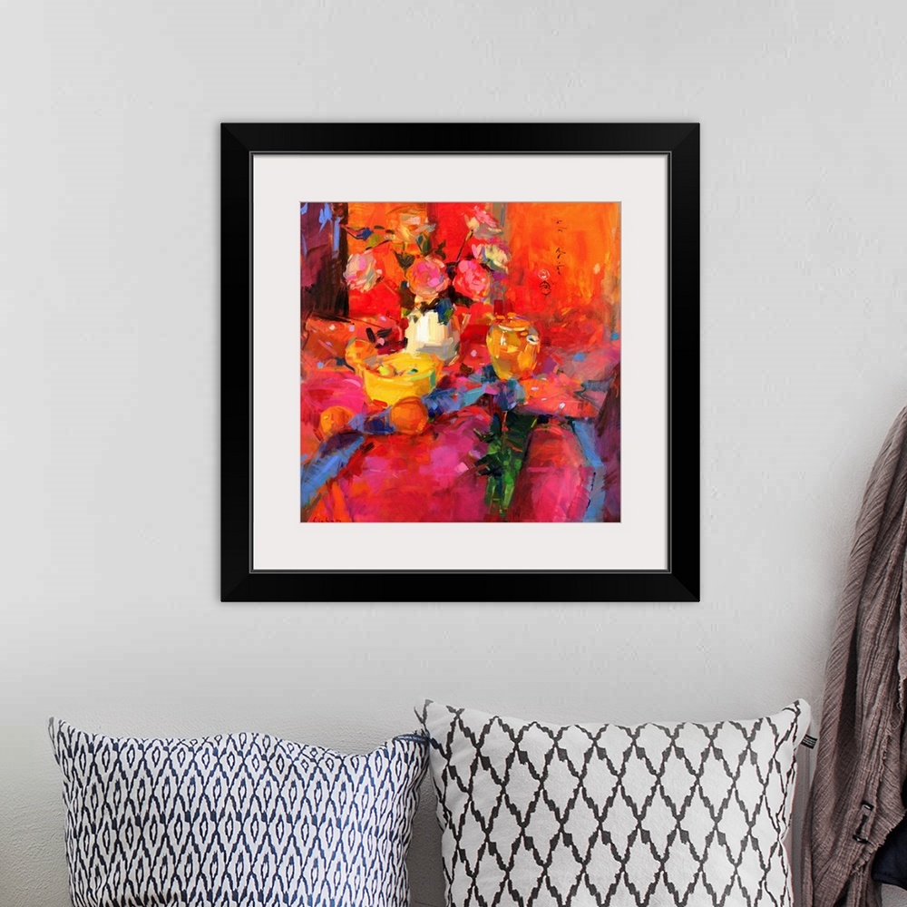 A bohemian room featuring A contemporary painting that uses vibrant colors to paint a vase of flowers and fruit sitting on ...