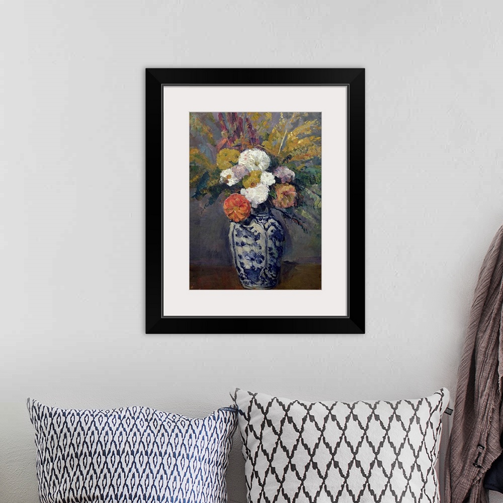 A bohemian room featuring A painting by a classic art master, this is a vertical still life of fresh cut flowers in a blue ...