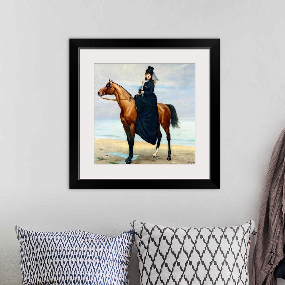 A bohemian room featuring Large painting of a woman sitting on a horse along the ocean.