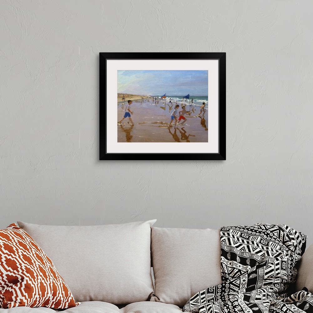 A bohemian room featuring Decorative art for the home or beach house this landscape photograph shows children on a sandy be...