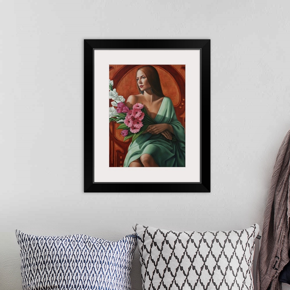 A bohemian room featuring Contemporary art deco-style painting of a woman holding a bouquet of flowers.