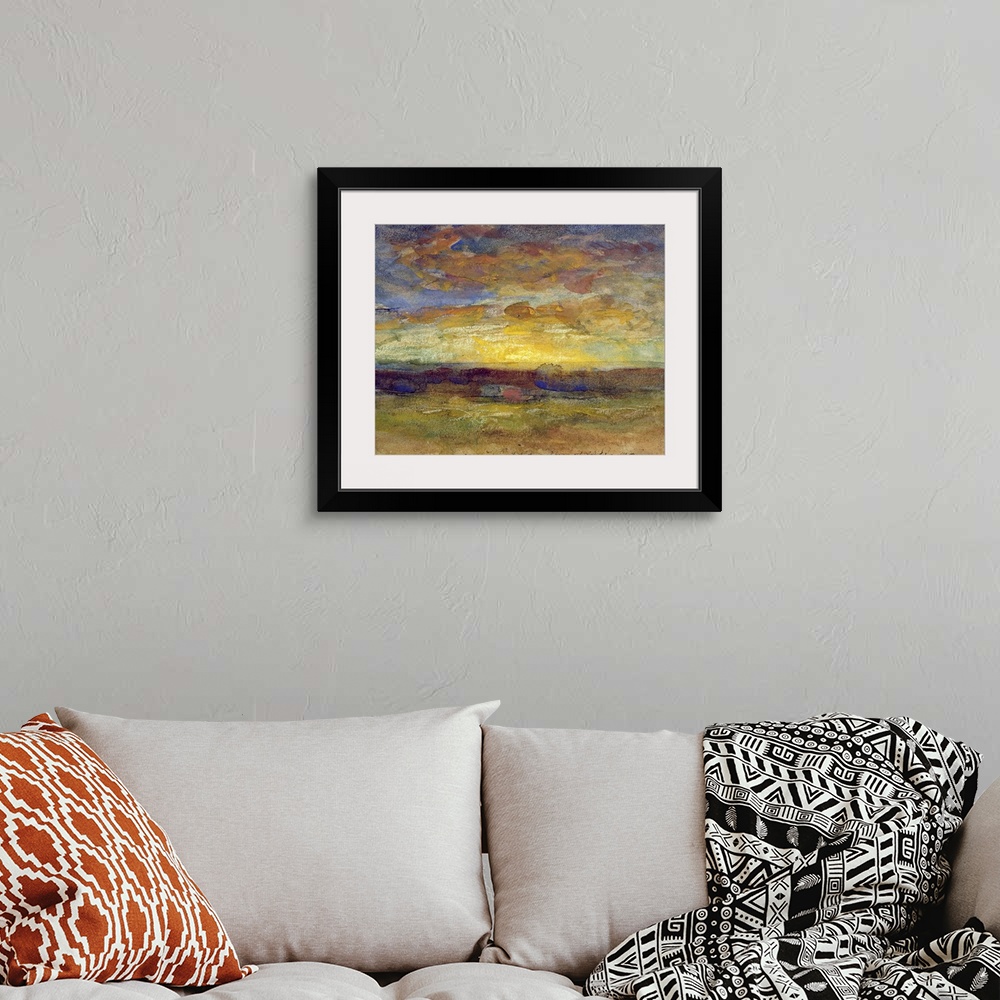 A bohemian room featuring Classic art oil painting of blotches of colors that depict a setting sun off on the horizon.