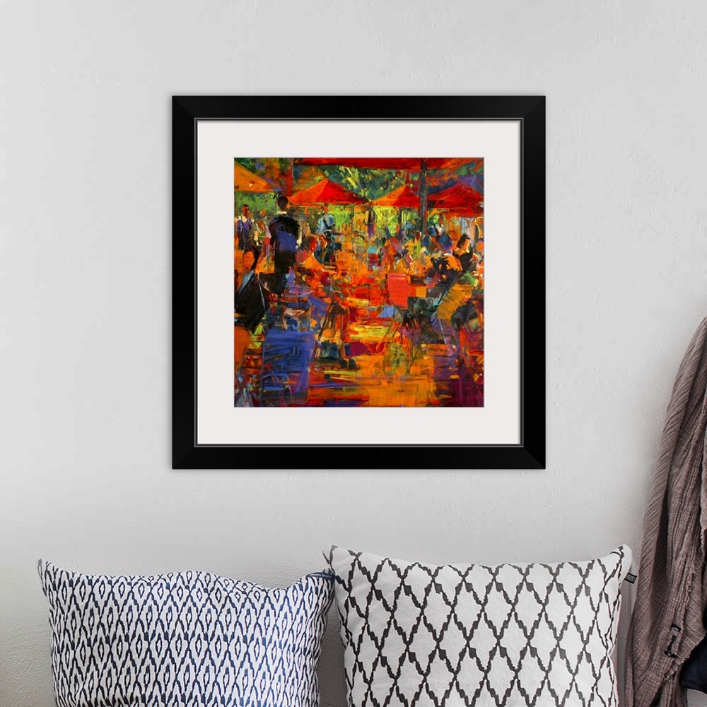 A bohemian room featuring Giant, abstract canvas art of a cafo with many people seated under umbrellas, in a variety of vib...