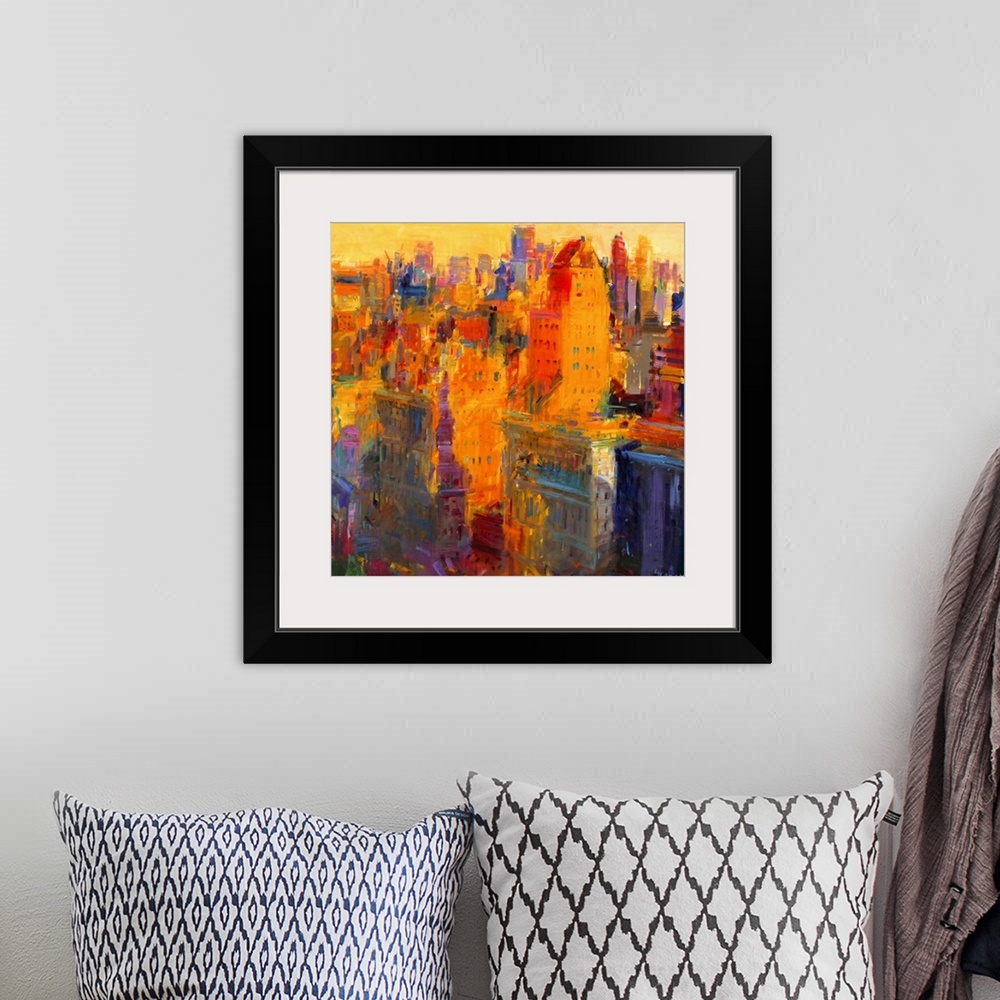 A bohemian room featuring Square contemporary abstract painting of buildings in NYC made up of large brush strokes.