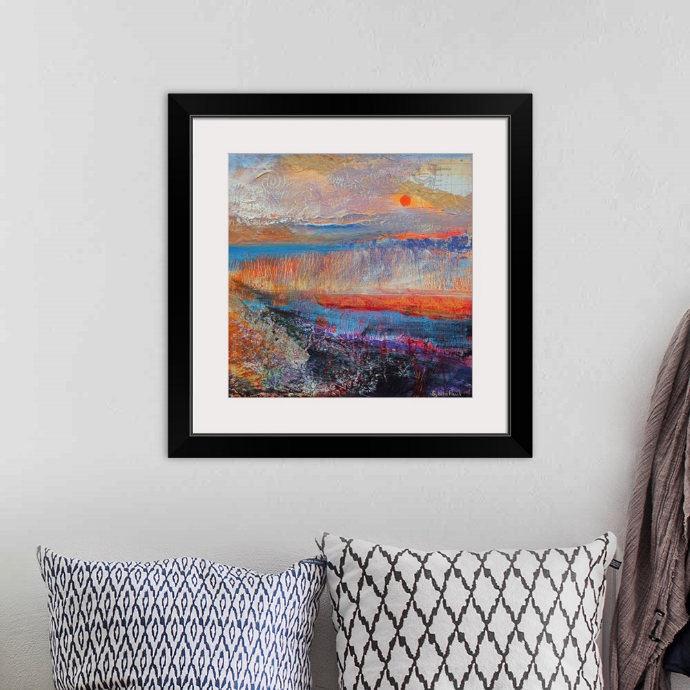 A bohemian room featuring Contemporary painting of an idyllic landscape at sunset.