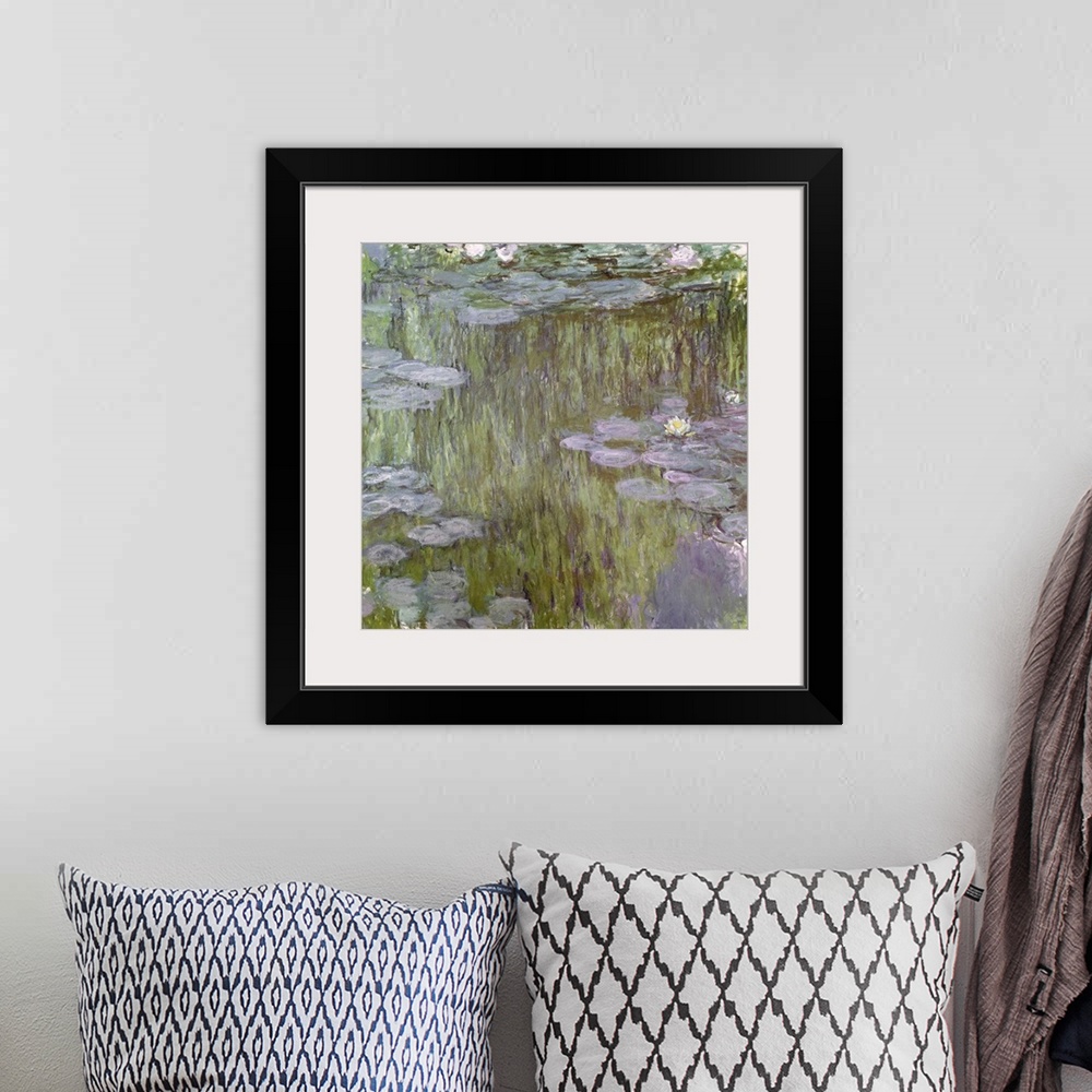 A bohemian room featuring This large painting consists of green and purple toned lily pads drawn over a gray and green swamp.