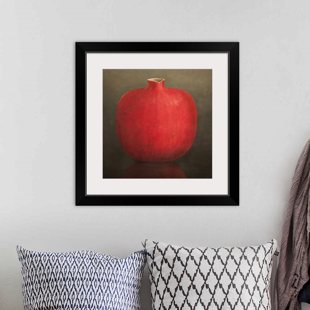 A bohemian room featuring Up-close painting of a piece of fruit sitting on a reflective surface.