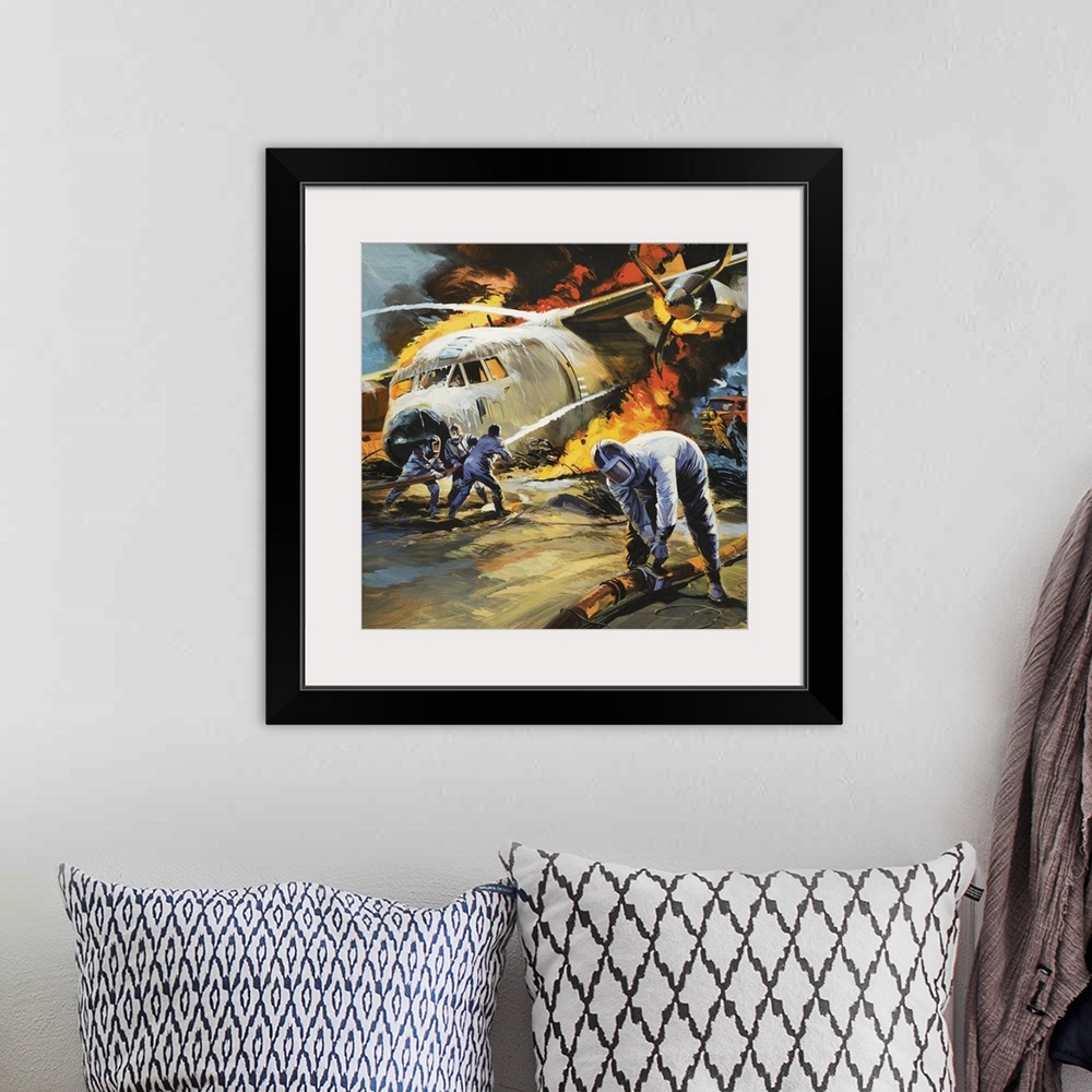 A bohemian room featuring Putting out a fire after an aircraft accident. Original artwork for Look and Learn.