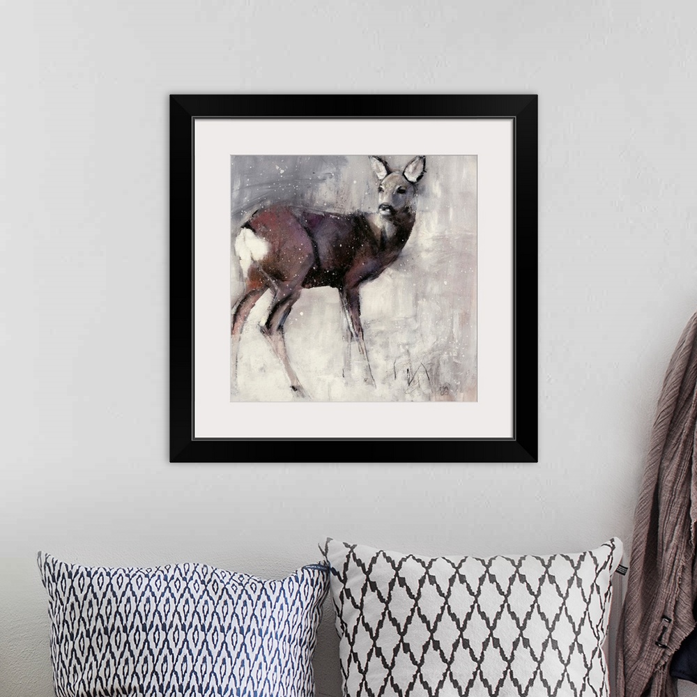 A bohemian room featuring Contemporary wildlife painting of a female deer in the winter.