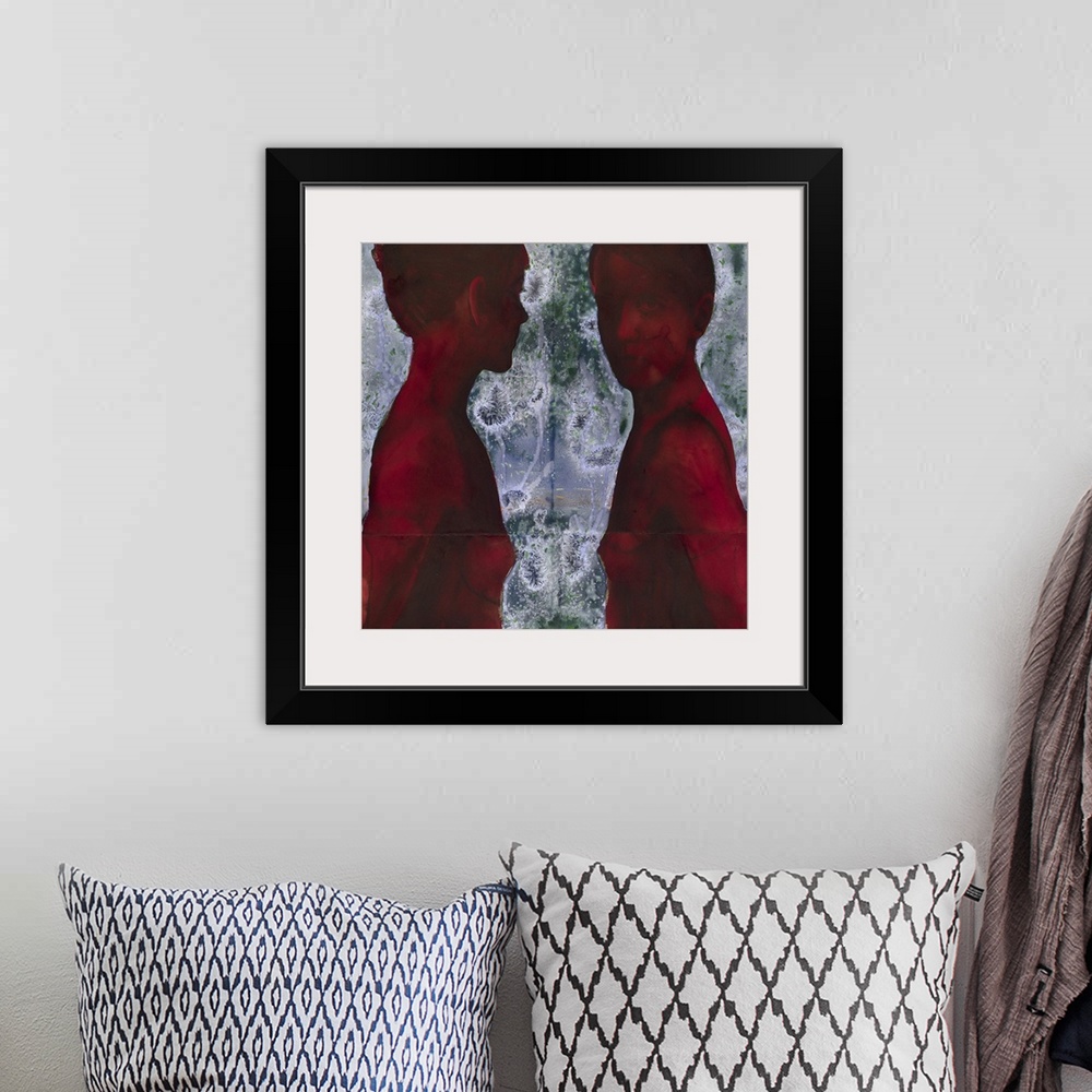 A bohemian room featuring Contemporary watercolor painting of two female figures.