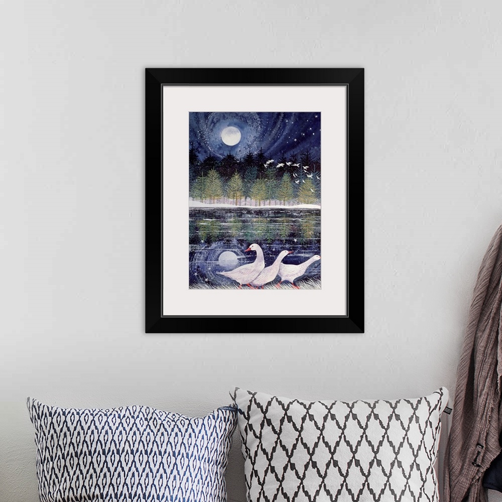 A bohemian room featuring Contemporary painting of three geese at the edge of a lake in the moonlight.