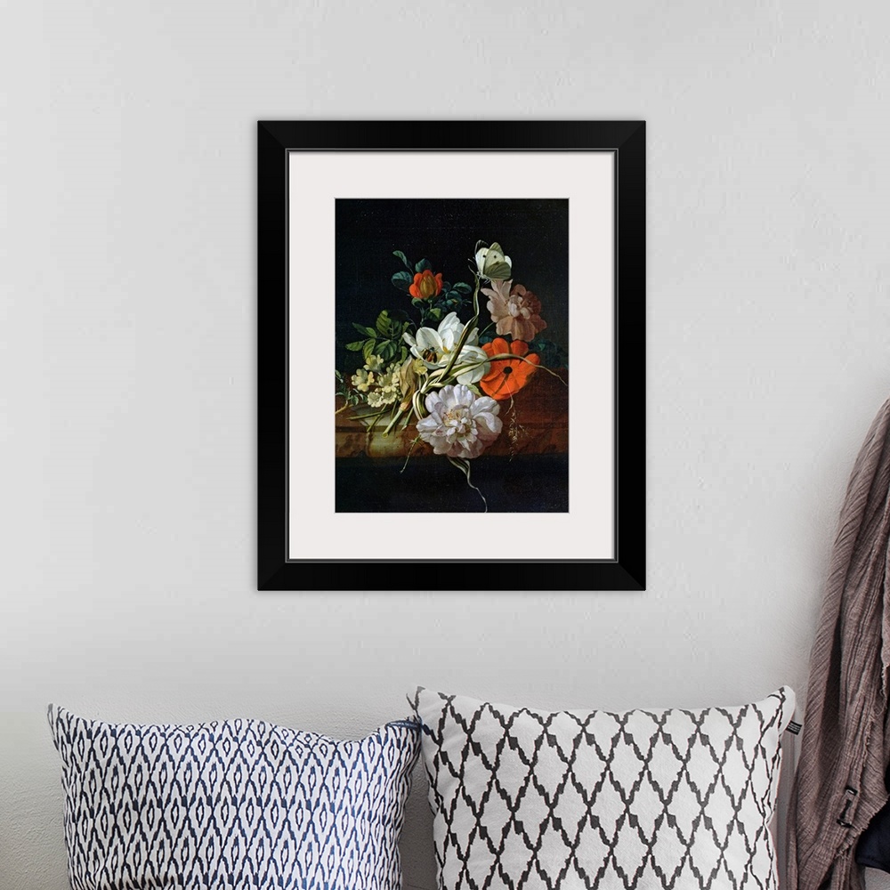 A bohemian room featuring This classic artwork is a painting of a batch of flowers of different types and colors with a bee...