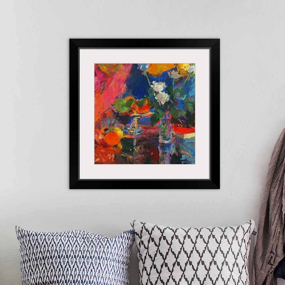 A bohemian room featuring Abstract artwork of a vase of flowers and a bowl of fruit on a table that has colorful paint stro...