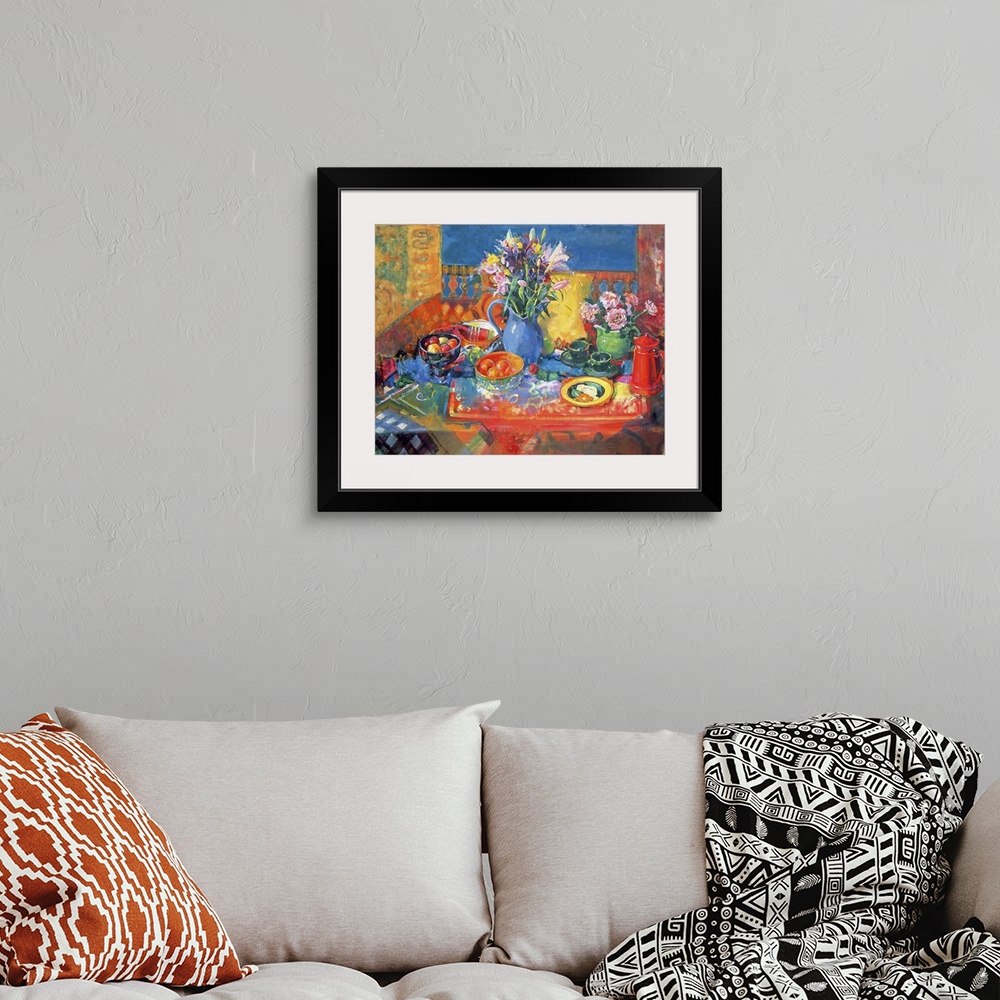 A bohemian room featuring This is a Giclee print of contemporary still life painting of flowers, fruit, patterned textiles,...