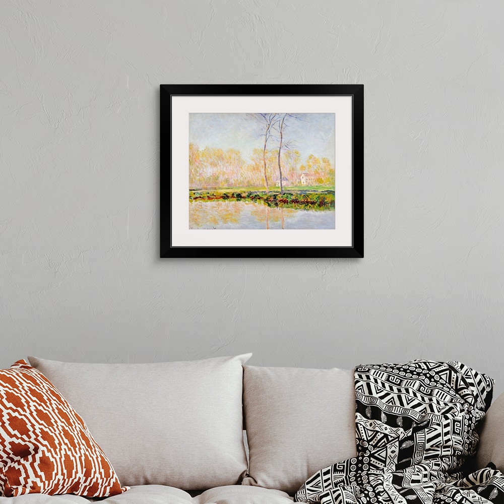 A bohemian room featuring Horizontal classic art on a large canvas of two tall, thin trees at the edge of the River Epte, a...