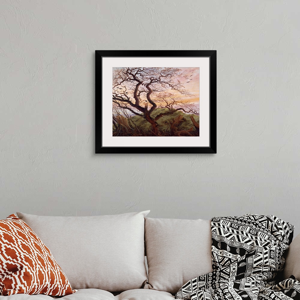 A bohemian room featuring Realistic oil on canvsa painting of a tree occupied by crows near the edge of a cliff. Tree stump...