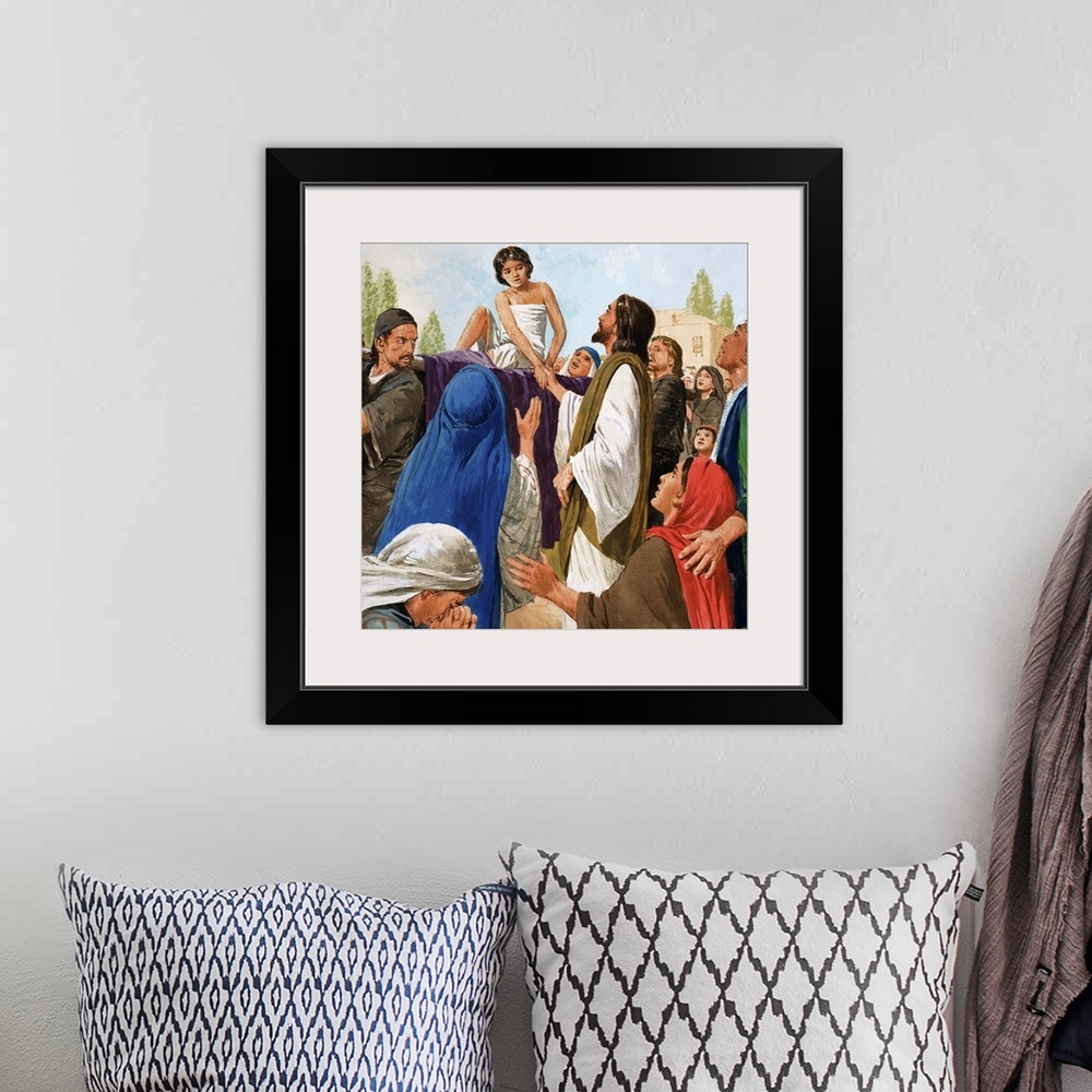 A bohemian room featuring The Miracles of Jesus: The Widow's Son from St Luke's Gospel in The Bible. original artwork for i...