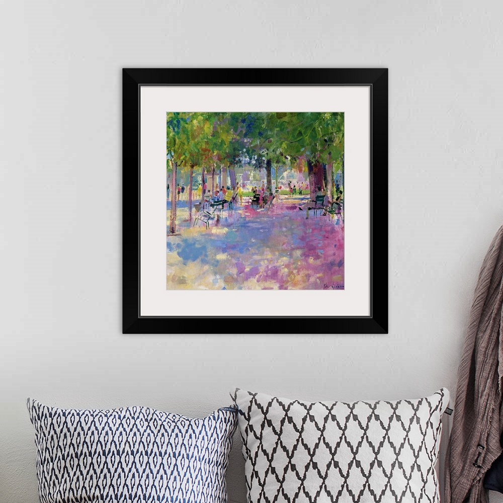 A bohemian room featuring Contemporary painting of park on a sunny day.   There is a wide path lined with huge trees and ch...