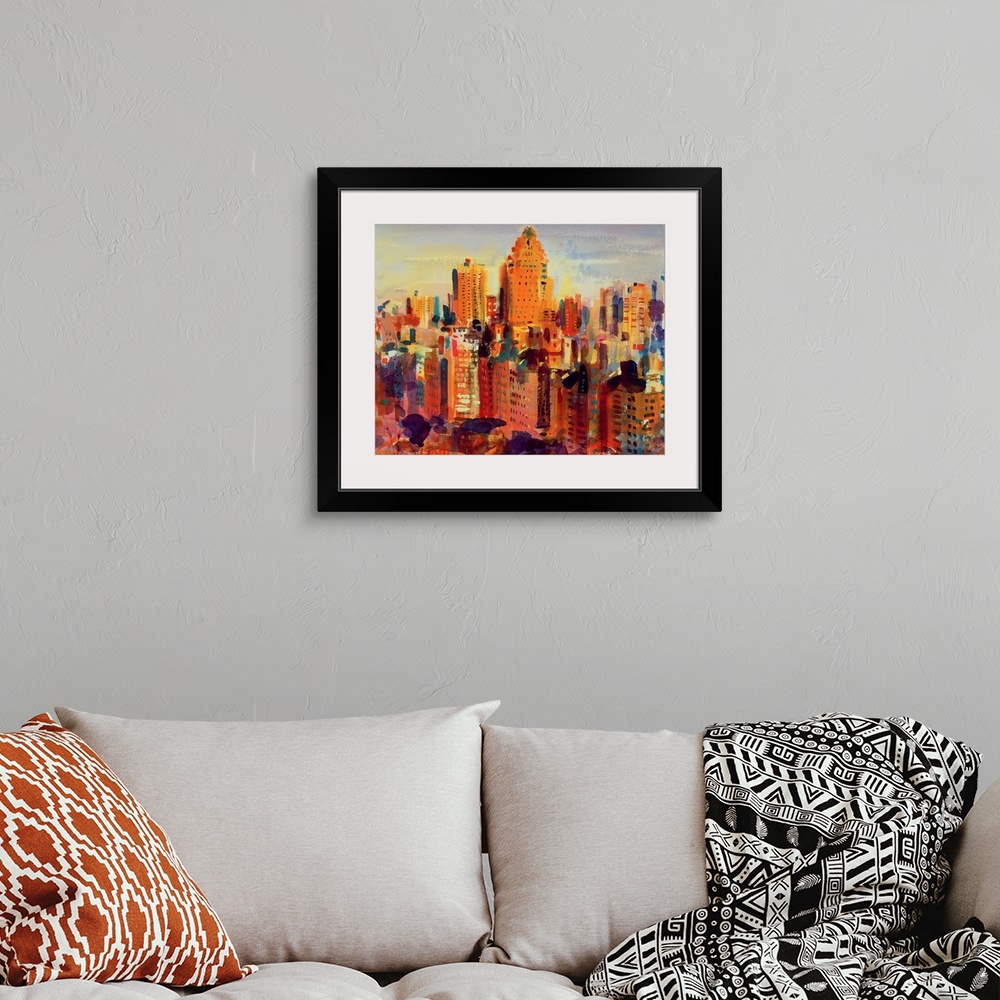 A bohemian room featuring Big contemporary art portrays an aerial view of the tall skyscrapers and buildings that fill New ...