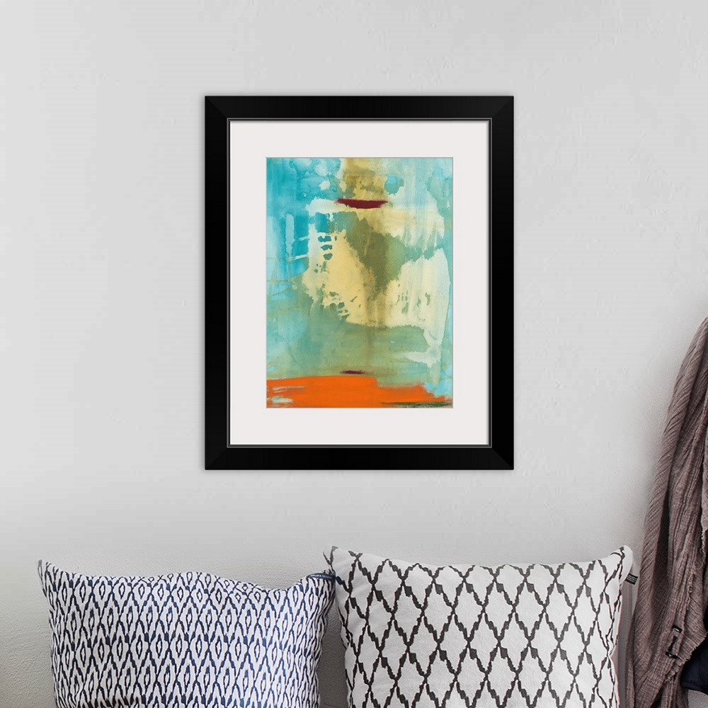 A bohemian room featuring Large abstract painting with a blue background and a yellow overlay with orange and green at the ...