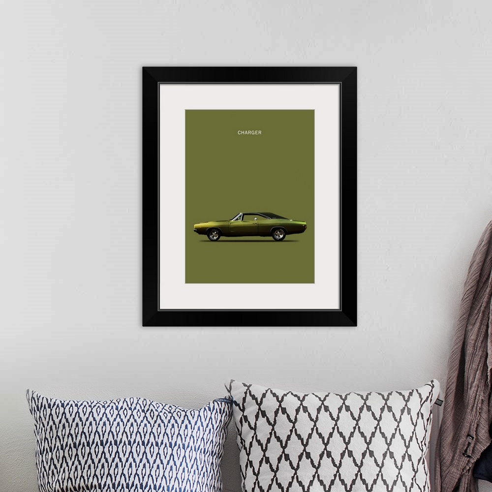 A bohemian room featuring Photograph of an olive green Dodge Charger printed on a dark green background