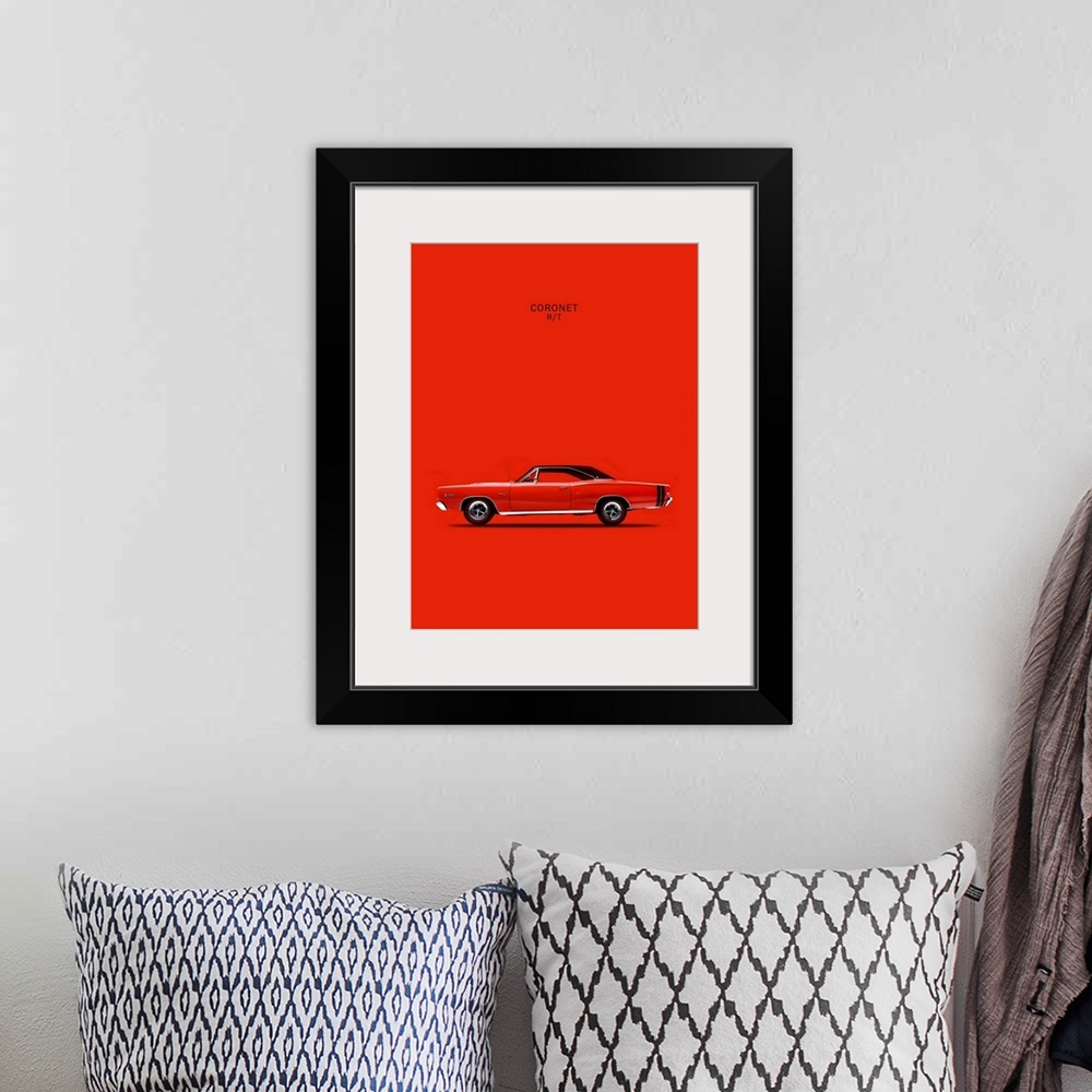 A bohemian room featuring Photograph of a bright red Dodge Coronet RT426 Hemi 1968 printed on a red background
