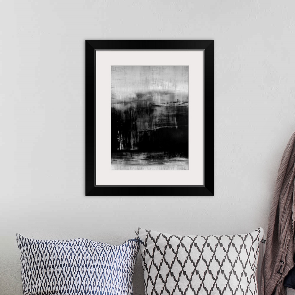 A bohemian room featuring Abstract artwork of vertical brush strokes in black and white with visible horizontal lines throu...