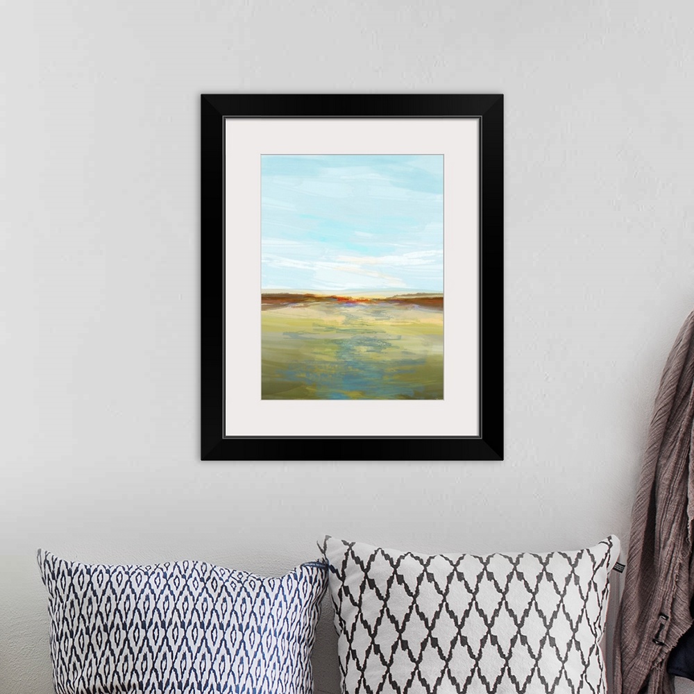 A bohemian room featuring Abstract landscape created with translucent layers of color, creating an open field with a river ...