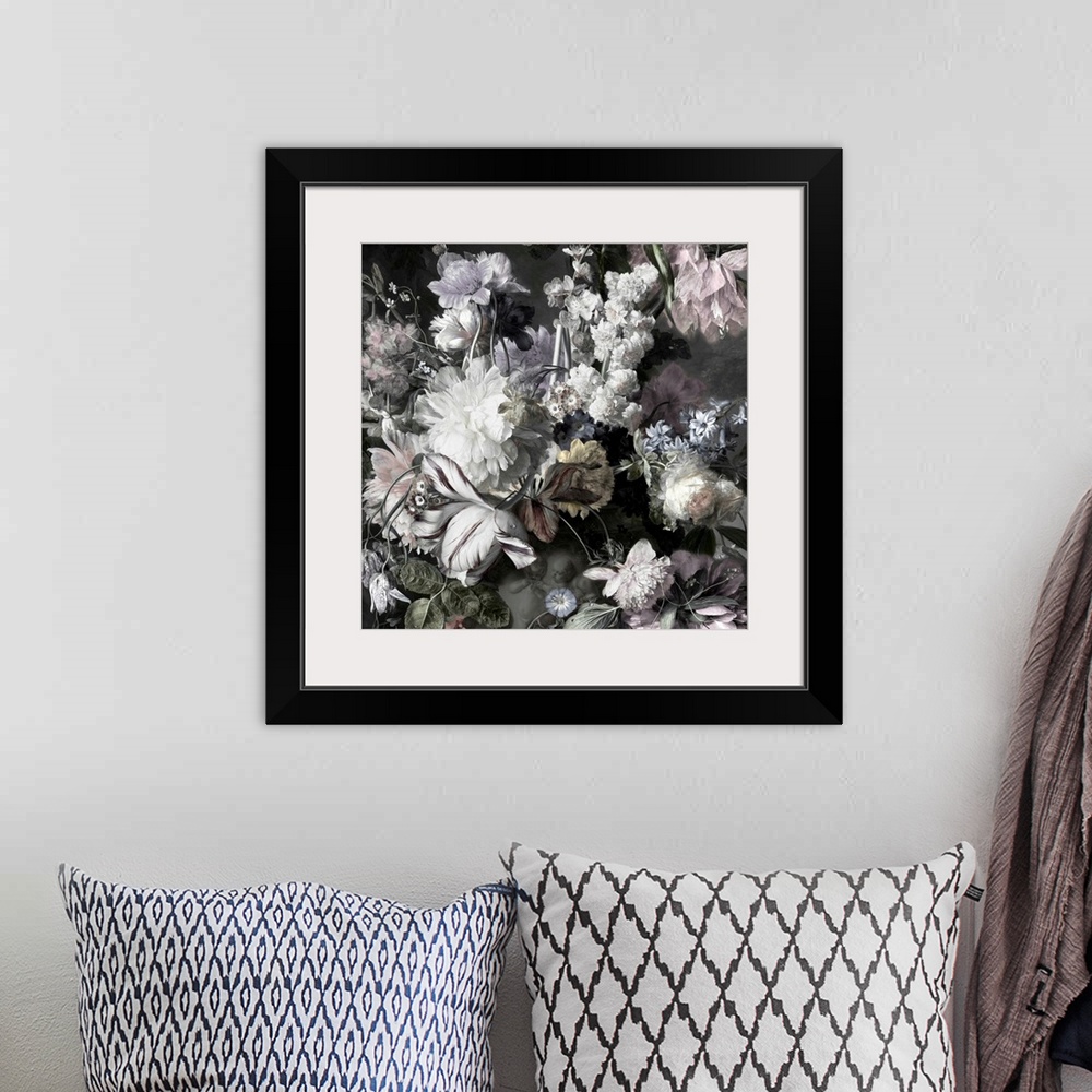 A bohemian room featuring Desaturated artwork showing a romantic bouquet of flowers in a vase with cherubs on it over a dar...