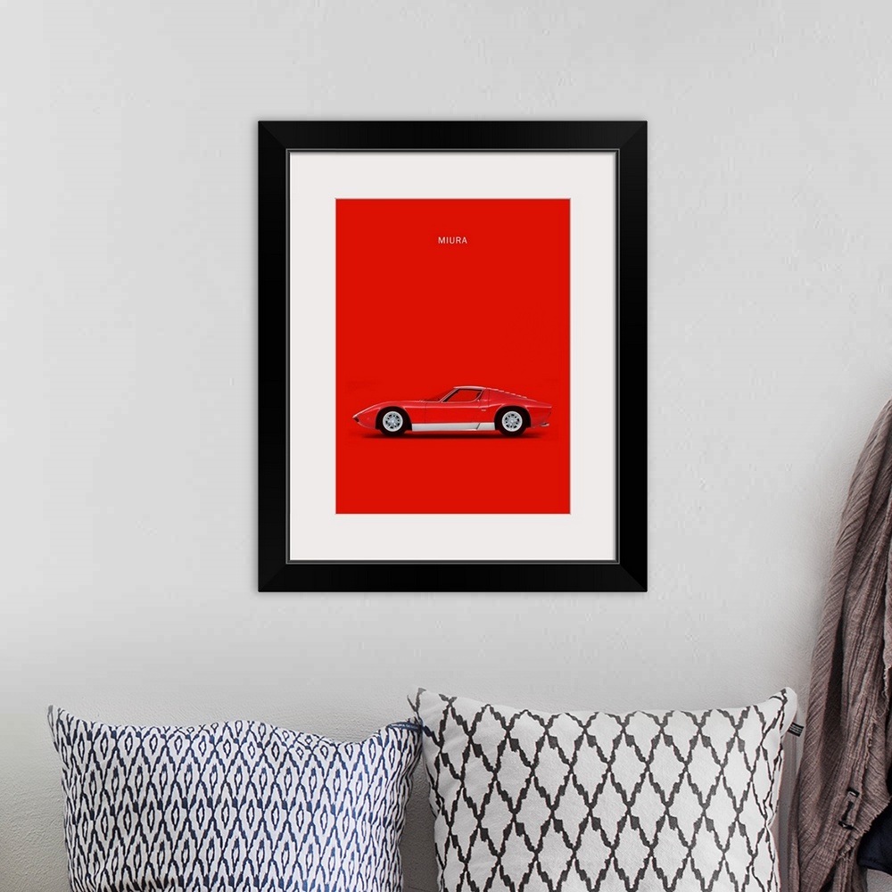 A bohemian room featuring Photograph of a red and silver Lambo Miura 69 printed on a red background