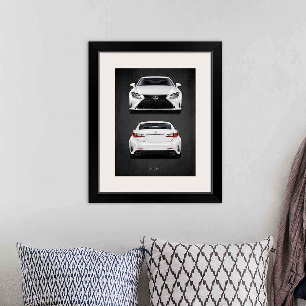 A bohemian room featuring Photograph of the front and the back of a white Lexus RC 350 F printed on a black background with...