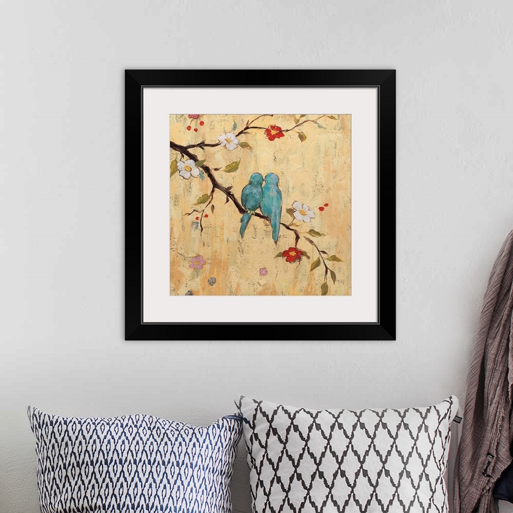 A bohemian room featuring Contemporary square painting of two blue birds sitting on a tree branch with berries, leaves, and...