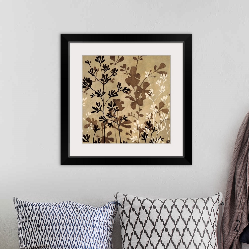 A bohemian room featuring Contemporary painting of a group of flowers in muted earth tones of black, brown and white.