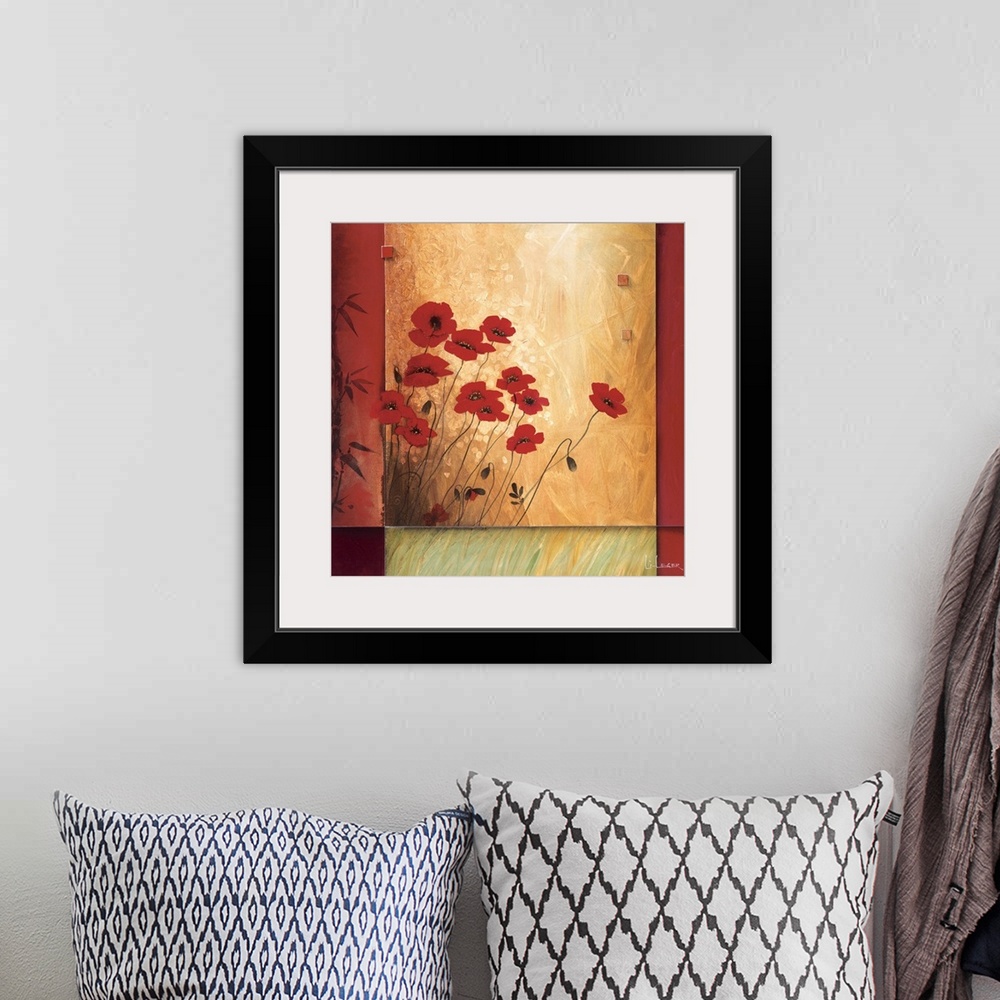 A bohemian room featuring A contemporary painting of red poppies bordered with a square grid design.