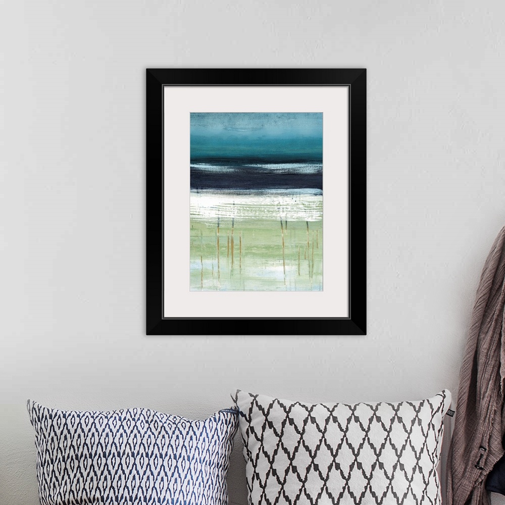 A bohemian room featuring A modern abstract landscape of a beach scene in bold brush strokes of  gray green and blue.