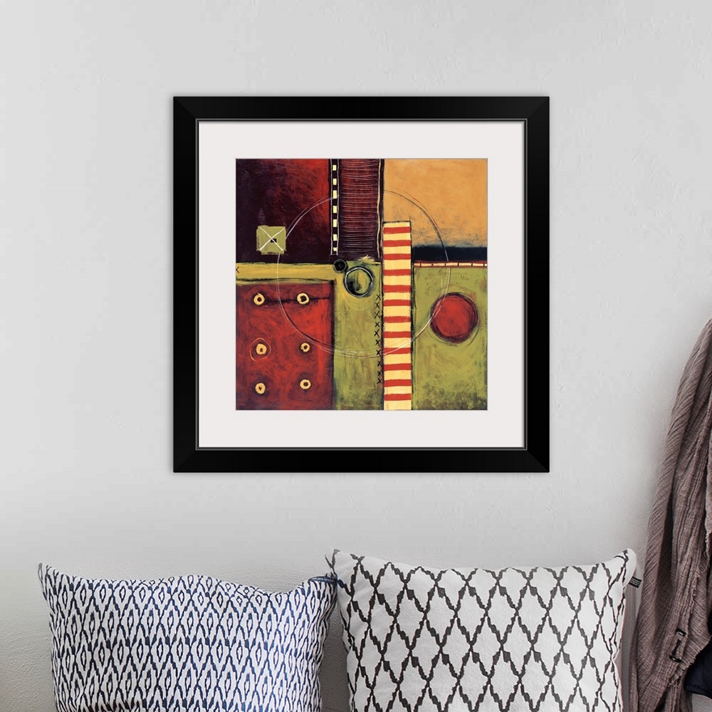 A bohemian room featuring Abstract painting of squared shapes overlapped with circular and "x" elements and a vertical stri...
