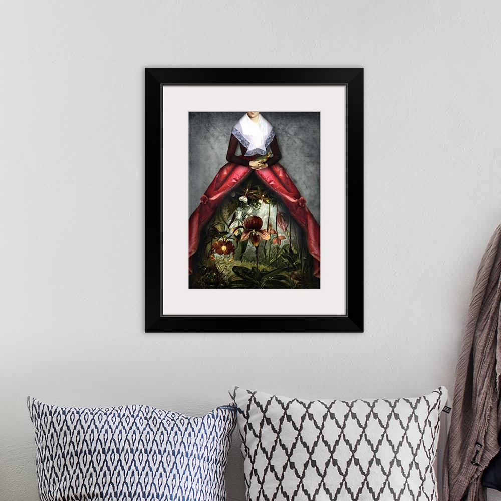 A bohemian room featuring Digital composite of a woman in Victorian clothes with a floral garden scene peeping through the ...