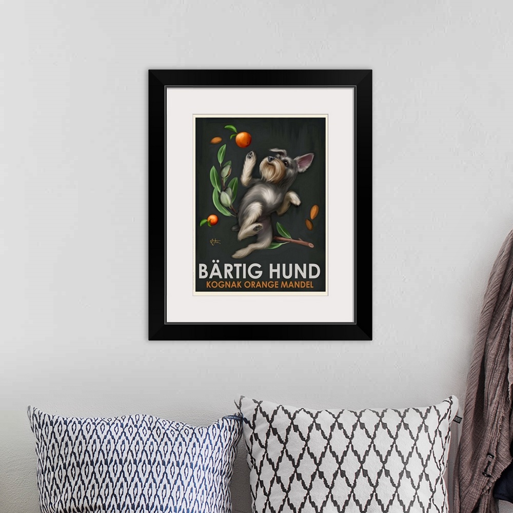 A bohemian room featuring Retro style advertising poster featuring Miniature Schnauzer with German Cognac
