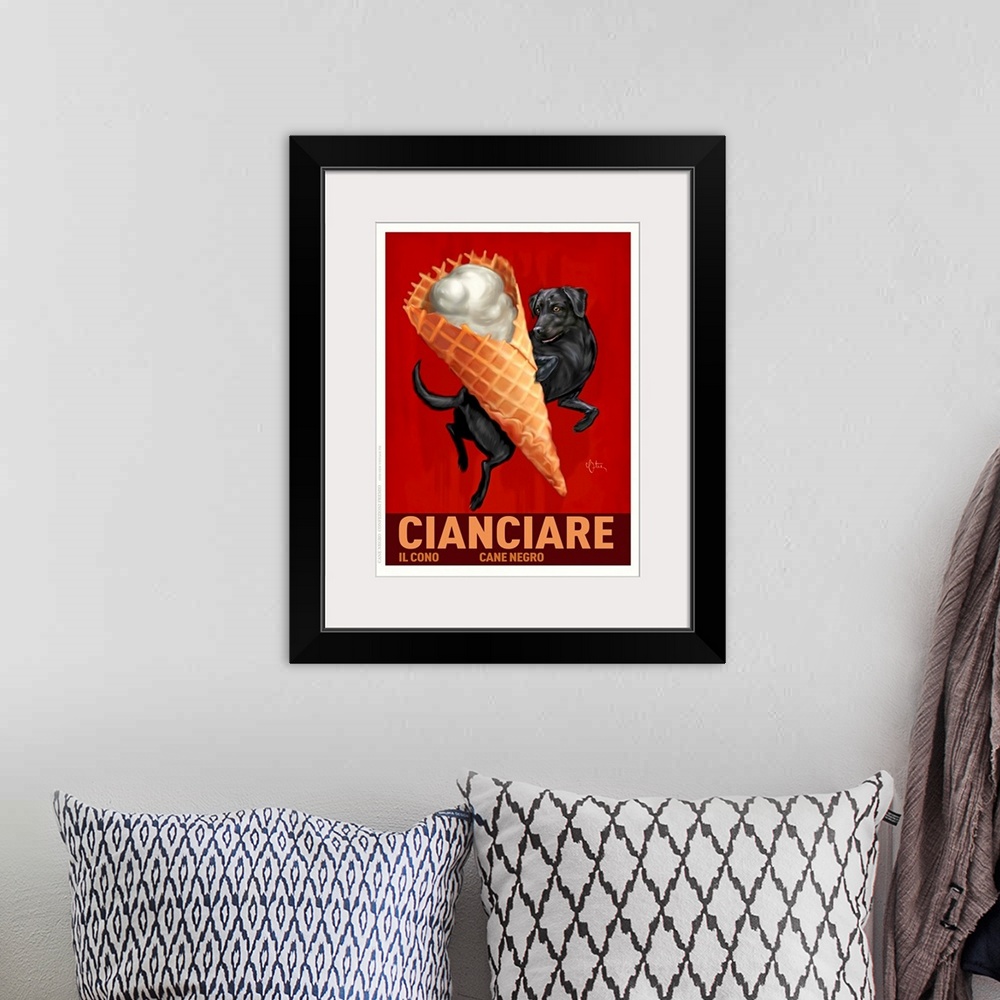 A bohemian room featuring Retro style advertising poster featuring Black Lab with Italian Waffle Cone