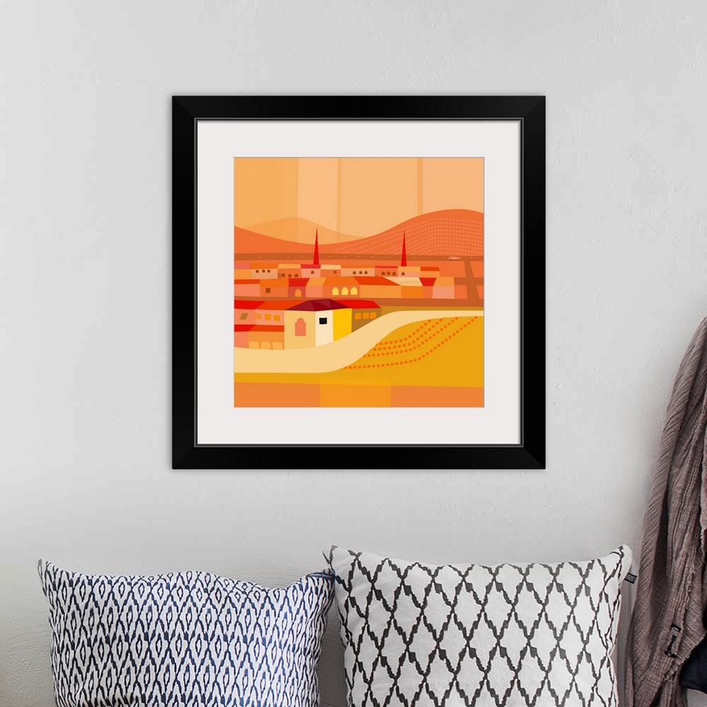 A bohemian room featuring Vibrant modern illustration of Sonoita, AZ in various shades of orange and yellow.