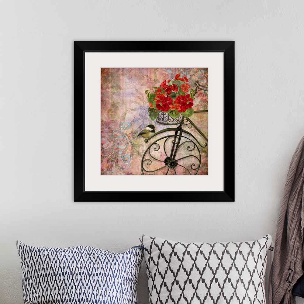 A bohemian room featuring Lovely, intriquing and eye-catching image of a bicycle with Geraniums.
