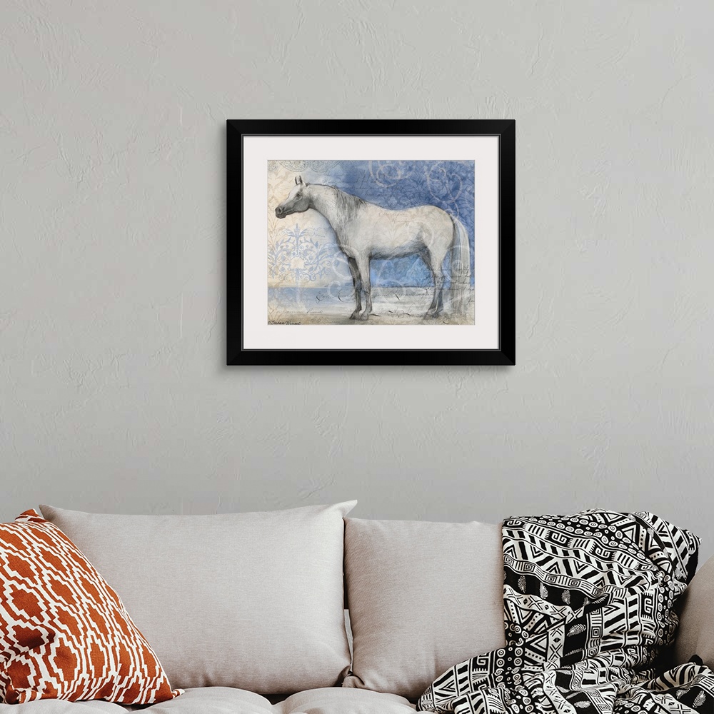 A bohemian room featuring Stunning depiction of this beautiful creature called the horse.