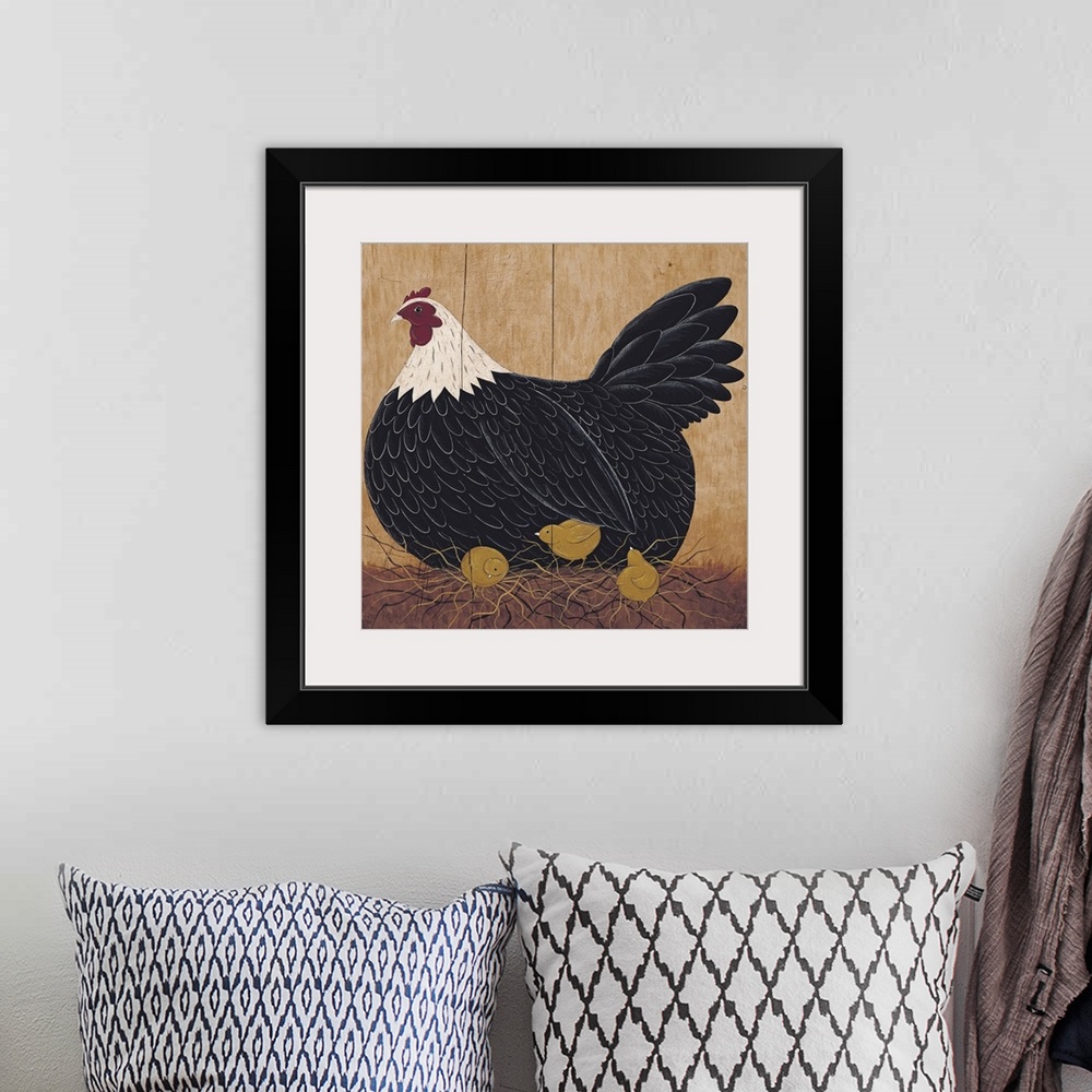 A bohemian room featuring Portrait folk art on a big wall hanging of chicken sitting on a pile of straw, while several tiny...