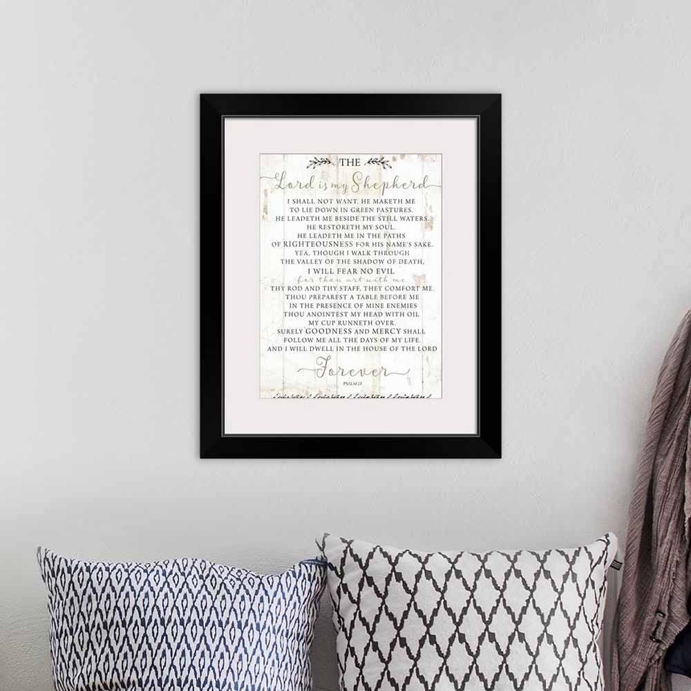 A bohemian room featuring Psalm 23 on a white shiplap wood background.